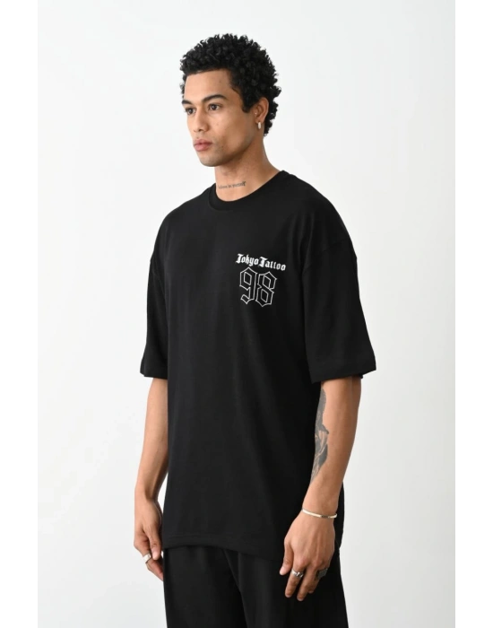 erkek Baskılı Oversize T-Shirt - Siyah