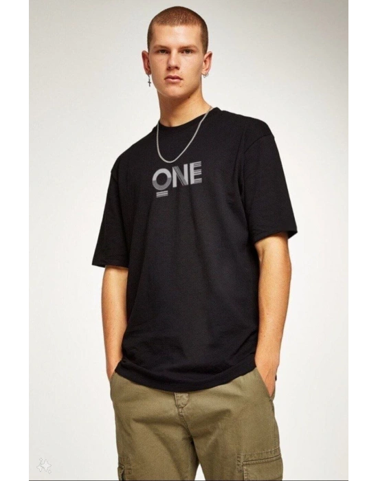 ERKEK Baskılı Oversize T-Shirt - Siyah