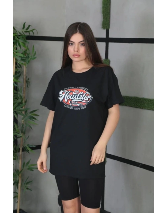 Kadın Baskılı Oversize T-Shirt - Siyah