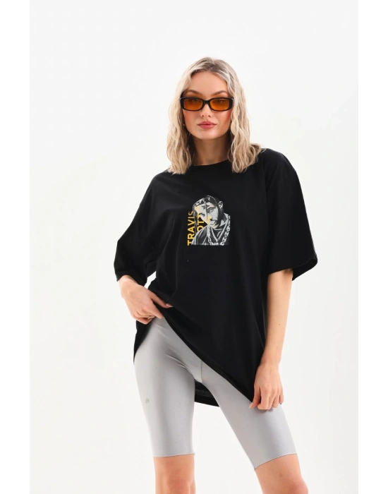 Kadın Baskılı Oversize T-Shirt - Siyah