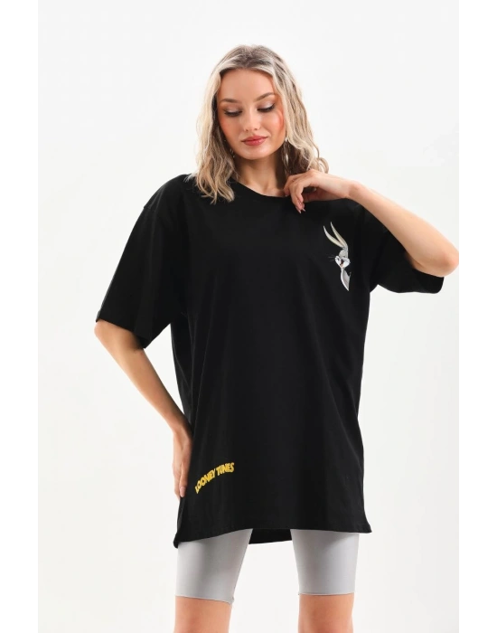 Kadın  Baskılı Oversize T-Shirt - Siyah