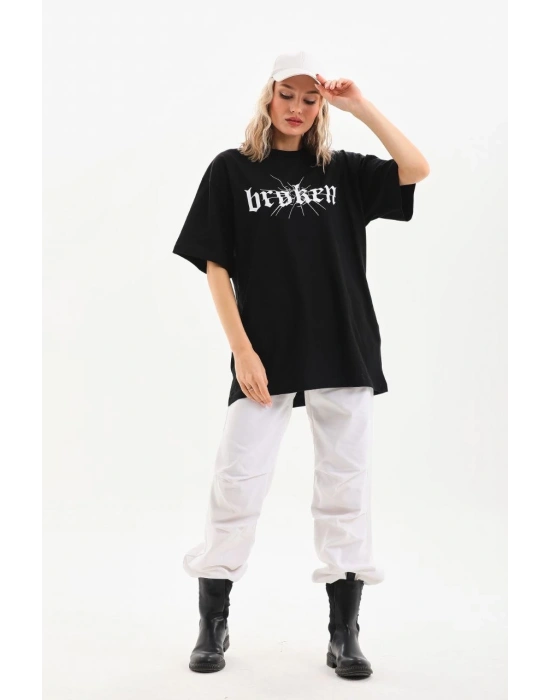 Kadın Baskılı Oversize T-Shirt - Siyah