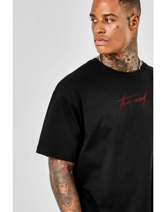 ERKEK Baskılı Oversize T-Shirt - Siyah