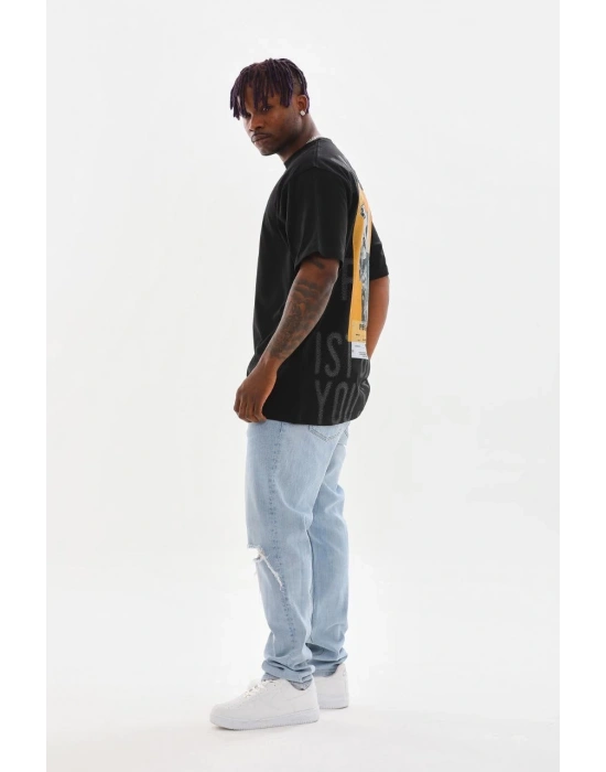 ERKEK Baskılı Oversize T-Shirt - Siyah
