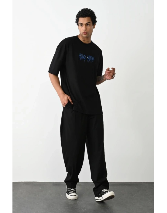 erkek Baskılı Oversize T-Shirt - Siyah