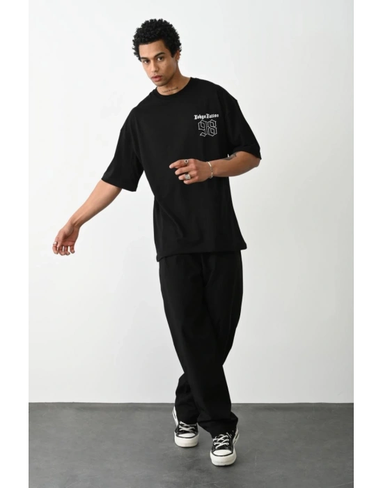 erkek Baskılı Oversize T-Shirt - Siyah