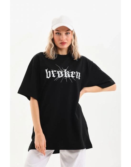 Kadın Baskılı Oversize T-Shirt - Siyah