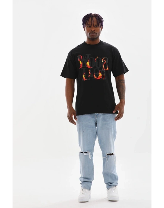 ERKEK Baskılı Oversize T-Shirt - Siyah