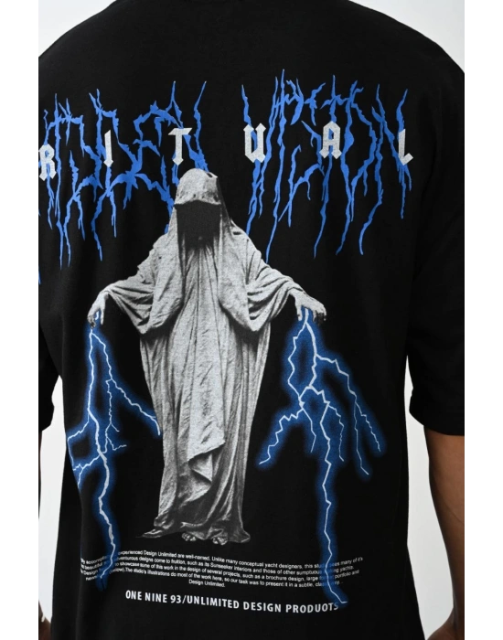 erkek Baskılı Oversize T-Shirt - Siyah