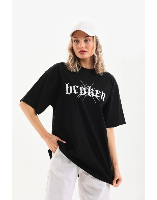 Kadın Baskılı Oversize T-Shirt - Siyah