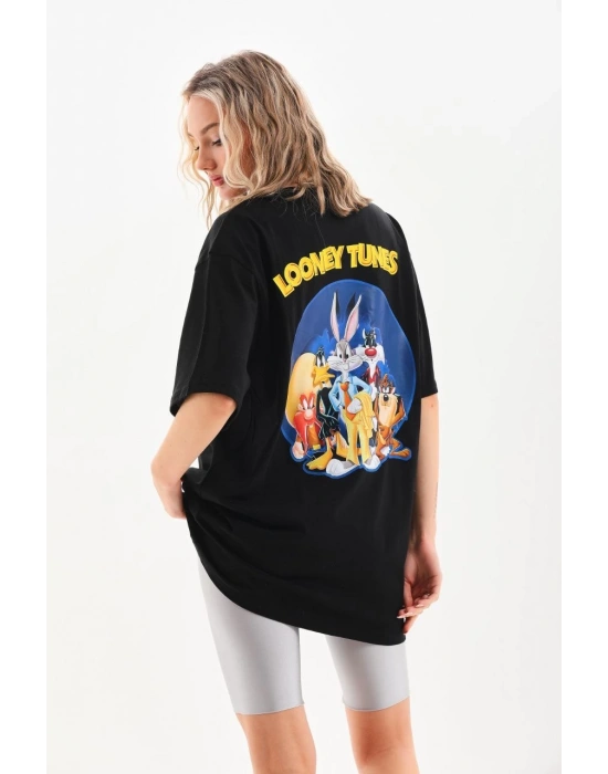 Kadın  Baskılı Oversize T-Shirt - Siyah