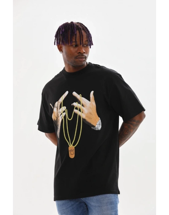 ERKEK Baskılı Oversize T-Shirt - Siyah