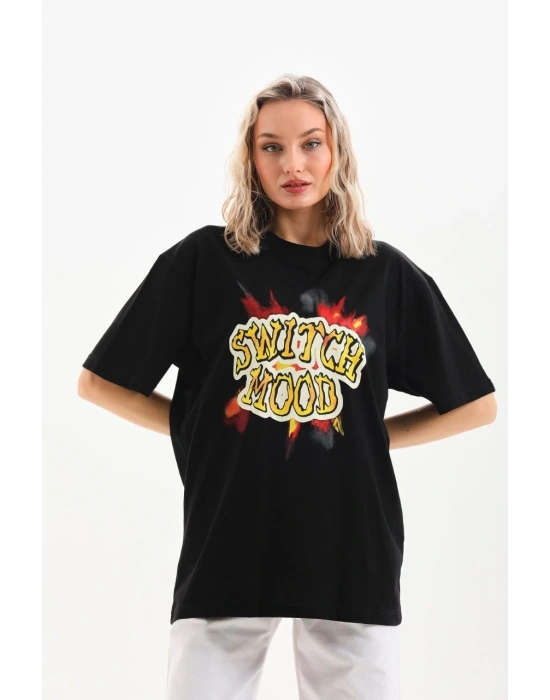 Kadın Baskılı Oversize T-Shirt - Siyah
