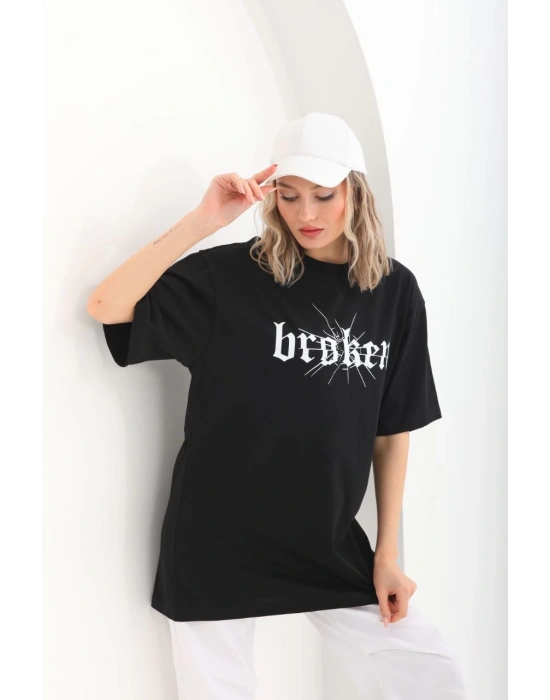 Kadın Baskılı Oversize T-Shirt - Siyah