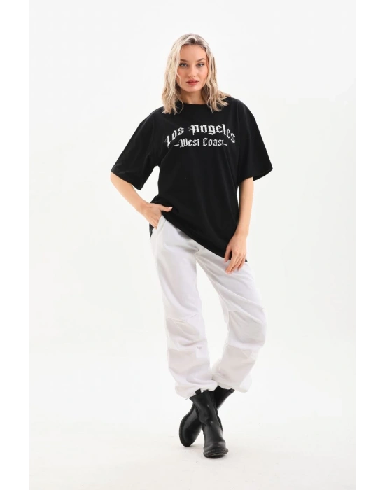 Kadın Baskılı Oversize T-Shirt - Siyah