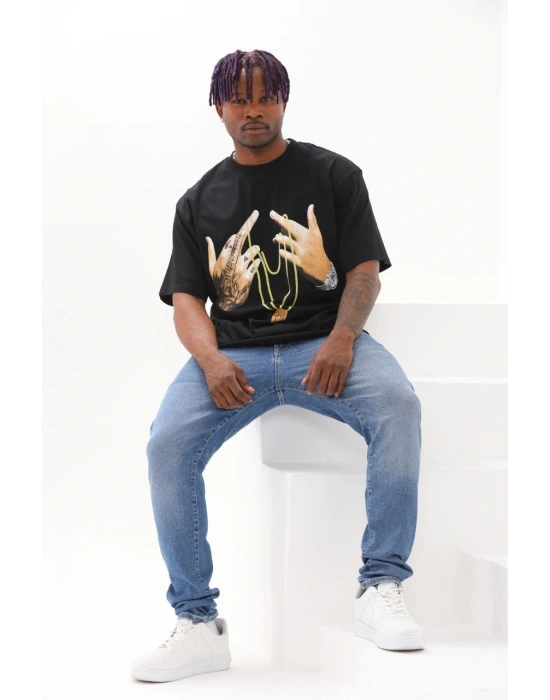 ERKEK Baskılı Oversize T-Shirt - Siyah