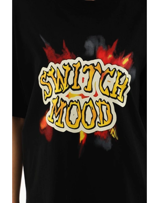 Kadın Baskılı Oversize T-Shirt - Siyah