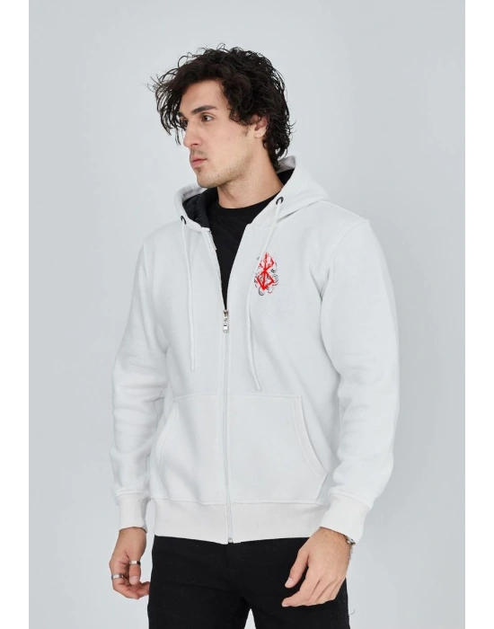 ERKEK Baskılı Tam Fermuarlı Kapşonlu SweatShirt - Beyaz