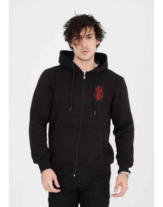 ERKEK Baskılı Tam Fermuarlı Kapşonlu SweatShirt - Siyah