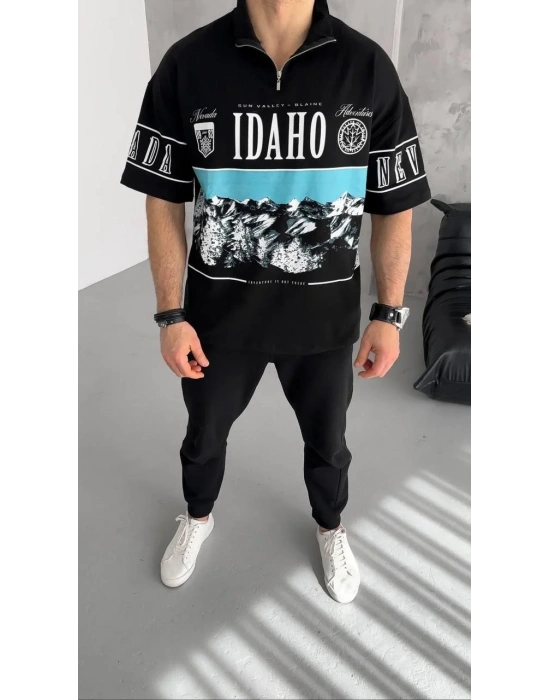 Unisex Baskılı Yarım Fermuarlı T-Shirt - Siyah