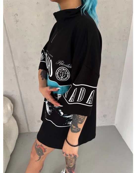 Unisex Baskılı Yarım Fermuarlı T-Shirt - Siyah