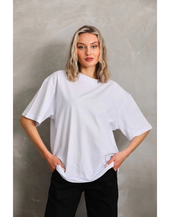 kadın Bisiklet Yaka Düz Oversize T-Shirt - Beyaz