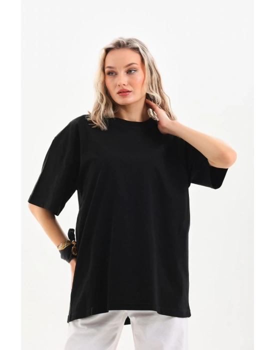 kadın Bisiklet Yaka Düz Oversize T-Shirt - Siyah