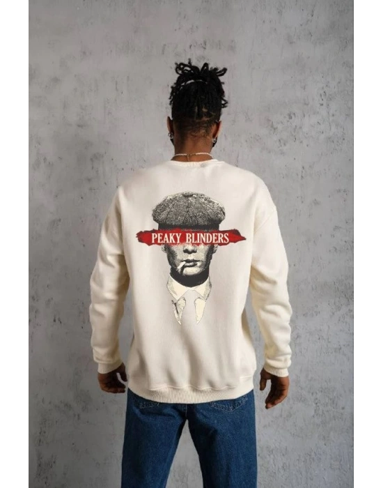 ERKEK Bisiklet Yaka Baskılı Oversize Sweatshirt - Beyaz