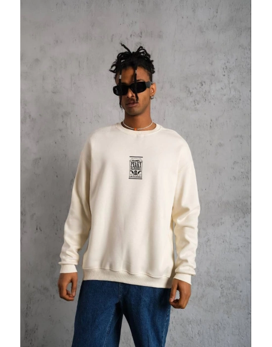 ERKEK Bisiklet Yaka Baskılı Oversize Sweatshirt - Beyaz