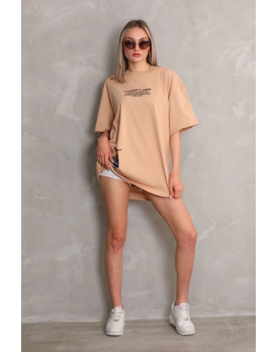 kadın  Bisiklet Yaka Baskılı Oversize T-Shirt - Bej