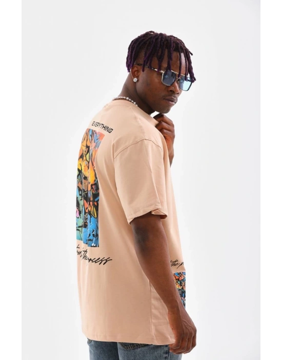 Erkek  Bisiklet Yaka Baskılı Oversize T-Shirt - Bej