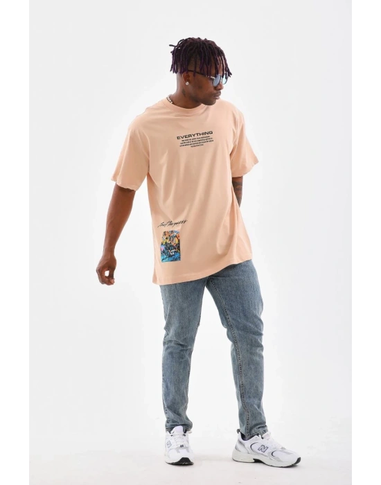 Erkek  Bisiklet Yaka Baskılı Oversize T-Shirt - Bej