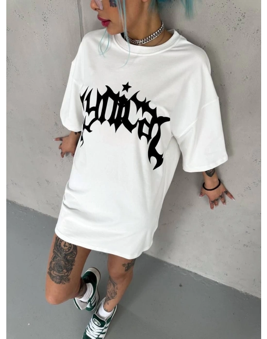 kadın Bisiklet Yaka Baskılı Oversize T-Shirt - Beyaz