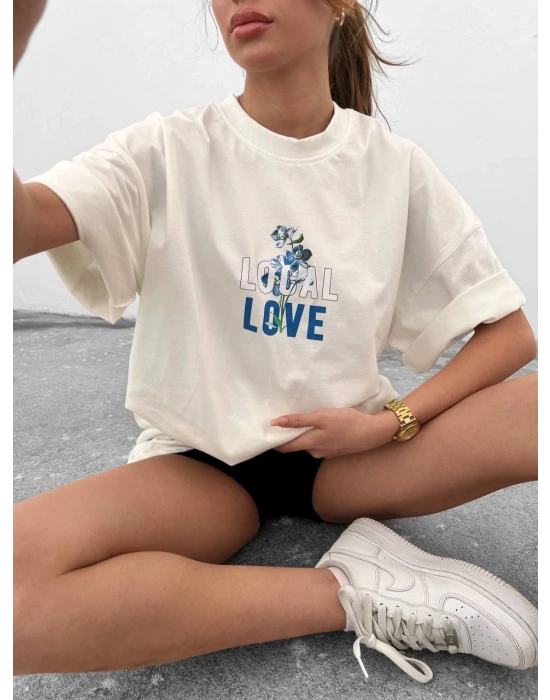 kadın Bisiklet Yaka Baskılı oversize T-Shirt - Beyaz