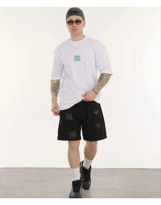 ERKEK Bisiklet Yaka Baskılı Oversize T-Shirt - Beyaz