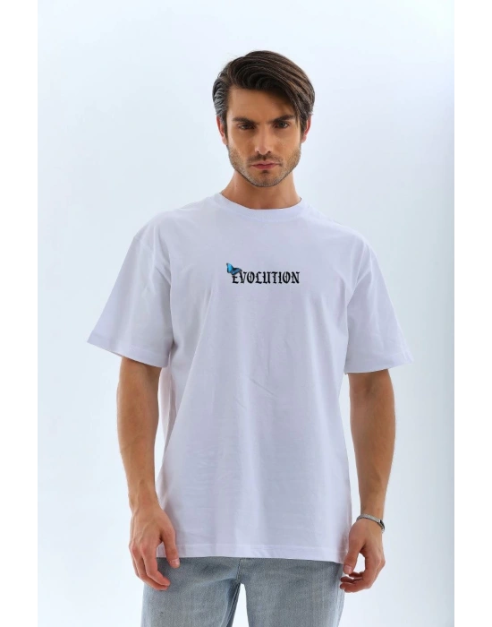 Erkek  Bisiklet Yaka Kelebek Baskılı Oversize T-Shirt - Beyaz