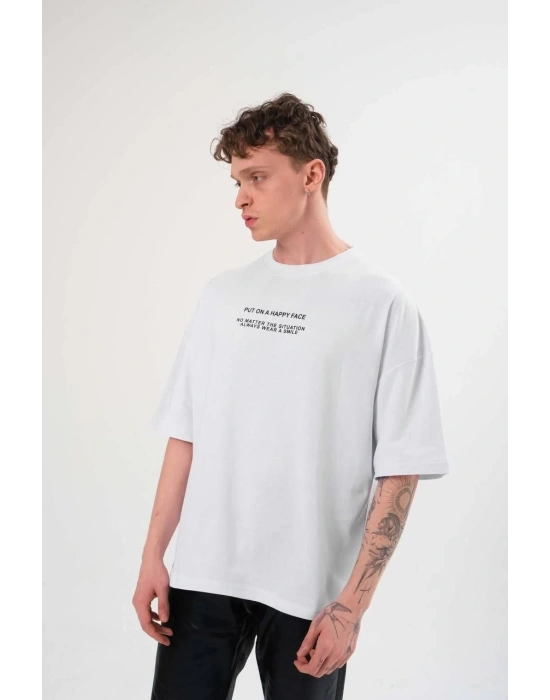 ERKEK Bisiklet Yaka Baskılı Oversize T-Shirt - Beyaz