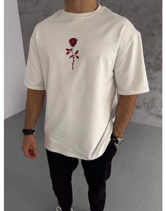 ERKEK Bisiklet Yaka Baskılı Oversize T-Shirt - Beyaz