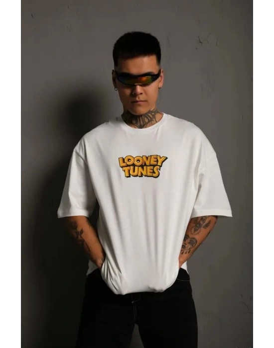 Bisiklet Yaka Baskılı Oversize T-Shirt - Beyaz