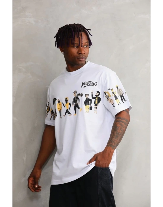 Erkek  Bisiklet Yaka Baskılı Oversize T-Shirt - Beyaz