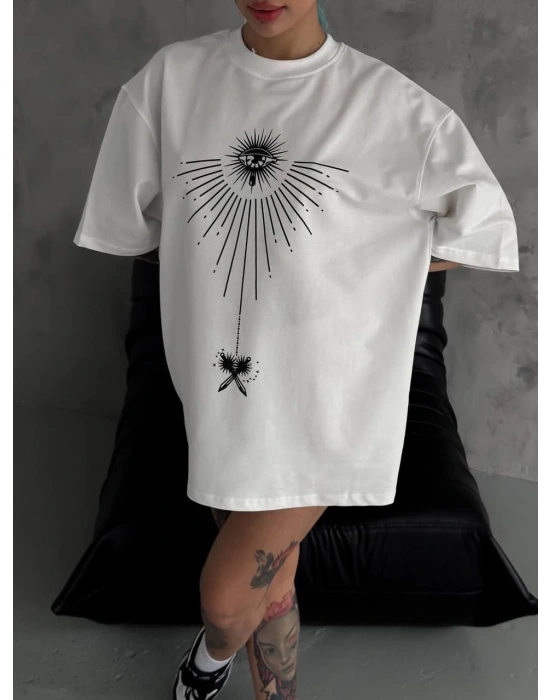 kadın Bisiklet Yaka Baskılı Oversize T-Shirt - Beyaz