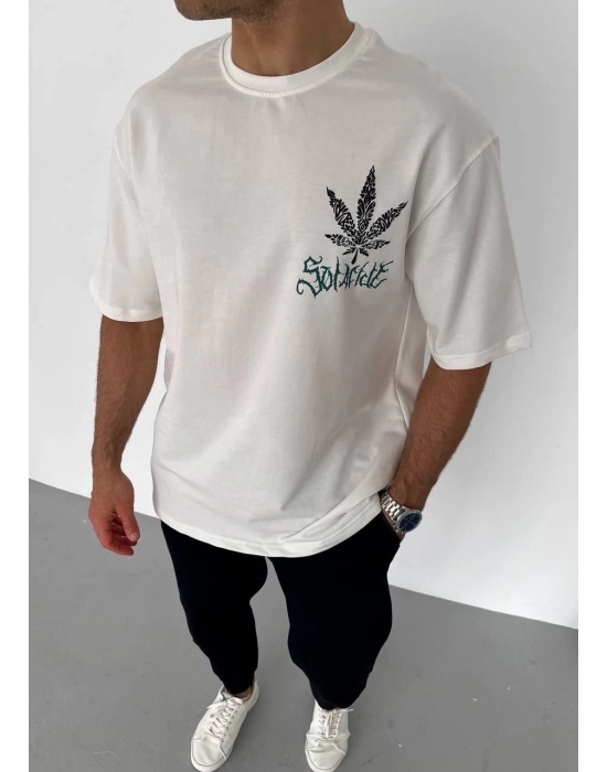 Erkek  Bisiklet Yaka Baskılı Oversize T-Shirt - Beyaz