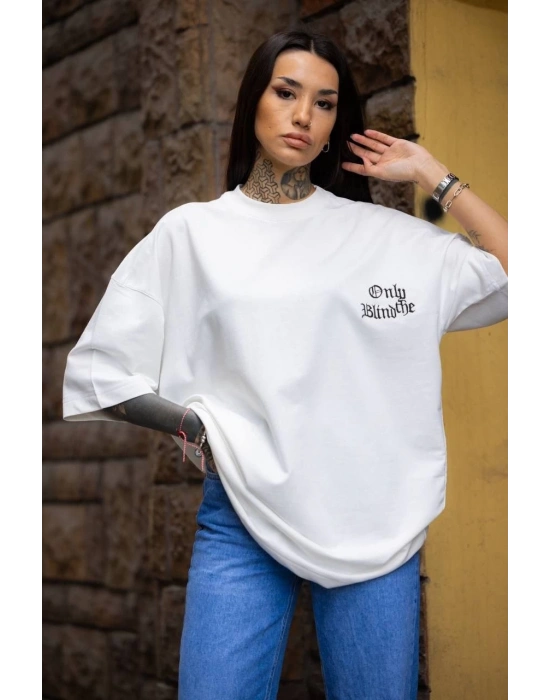 kadın Bisiklet Yaka Baskılı Oversize T-Shirt - Beyaz