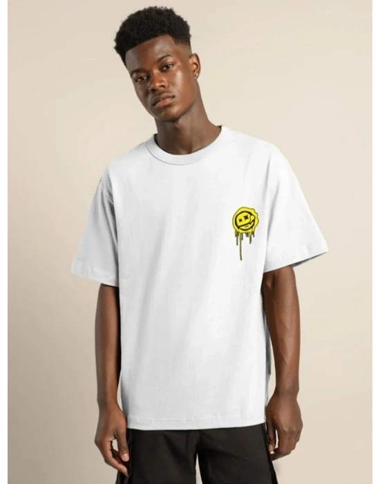 ERKEK Bisiklet Yaka Baskılı Oversize T-Shirt - Beyaz