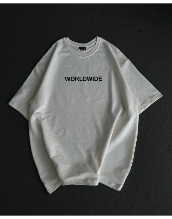 kadın Bisiklet Yaka Baskılı Oversize T-Shirt - Beyaz