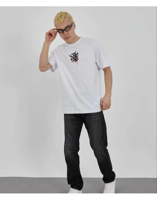 ERKEK Bisiklet Yaka Baskılı Oversize T-Shirt - Beyaz