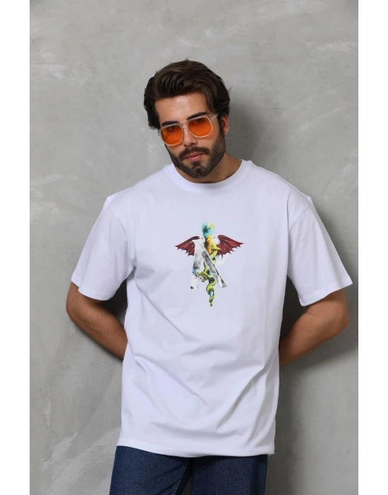 Erkek Bisiklet Yaka Baskılı Oversize - Beyaz