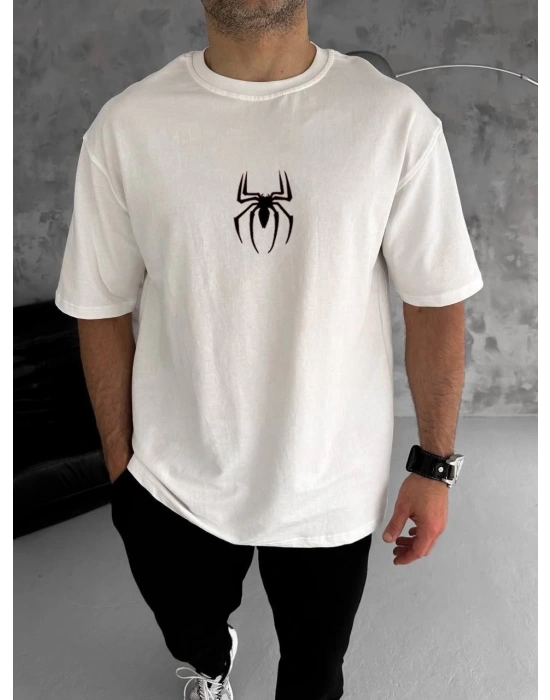 ERKEK Bisiklet Yaka Örümcek Baskılı Oversize T-Shirt - Beyaz