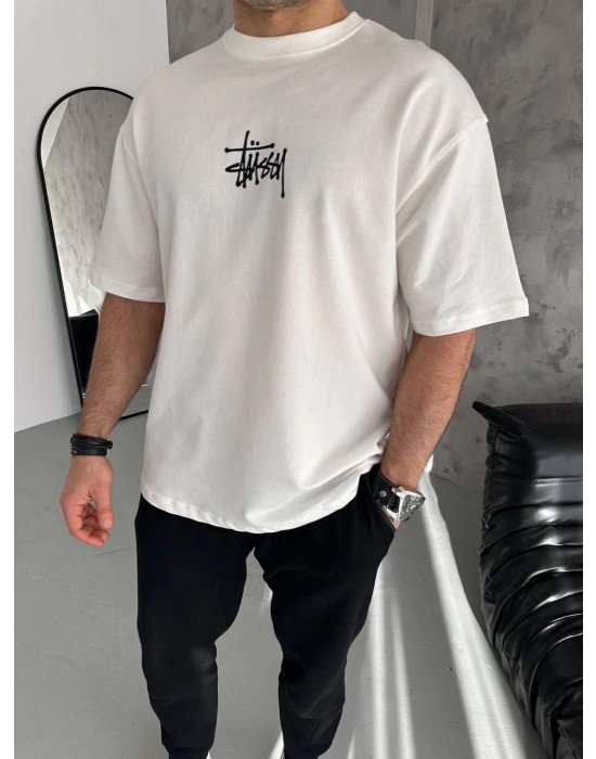 Bisiklet Yaka Baskılı Oversize T-Shirt - Beyaz