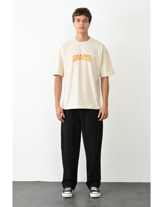 ERKEK Bisiklet Yaka Baskılı Oversize T-Shirt - Beyaz